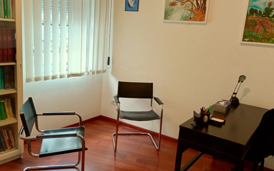 Interno dello studio di psicoterapia a Tivoli dove riceve Stefano Marina, con due poltrone.